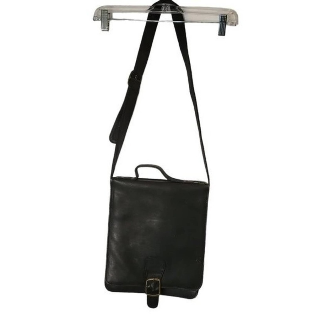 VINTAGE Black Leather Messenger Bag 80s Plaid Interior Pockets Adjustable Strap